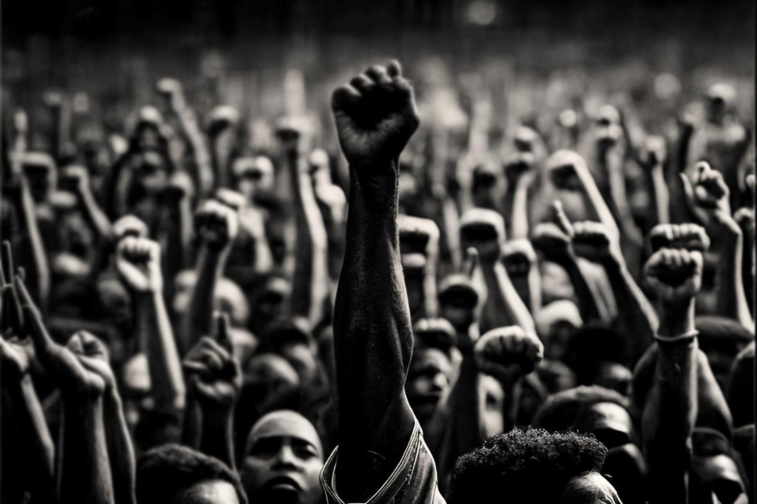 Bild in Schwarz weiß wo schwarze Menschen zum Protest ihre Fäuste erheben.